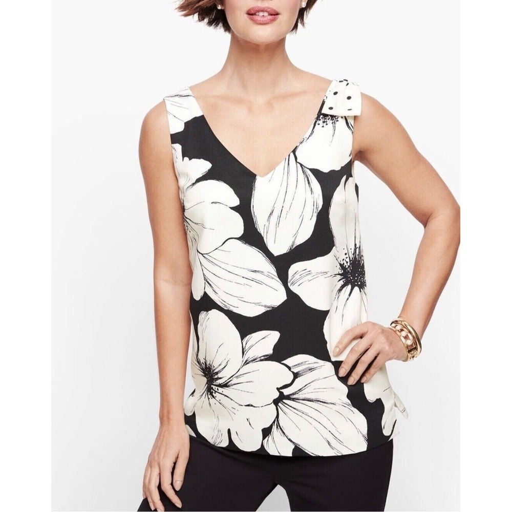Talbots Women Black White Primrose Floral V-Neck Bow Shell Blouse Top Size 4 Mod